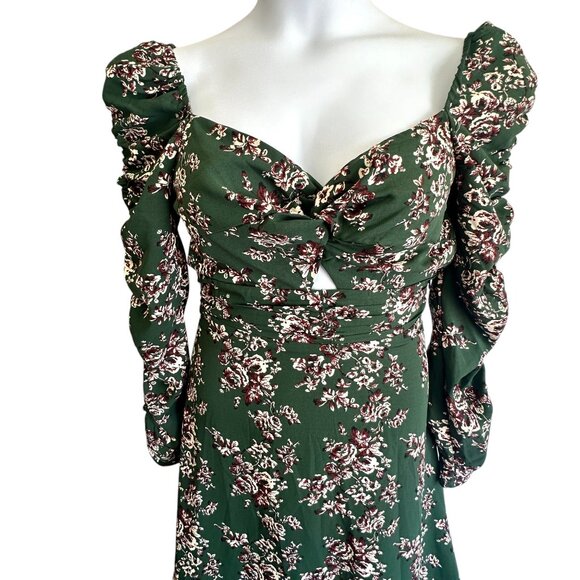 ASTR the Label Green Floral Print Ruched Long Sleeve Midi Dress Keyhole Size S - Picture 2 of 10